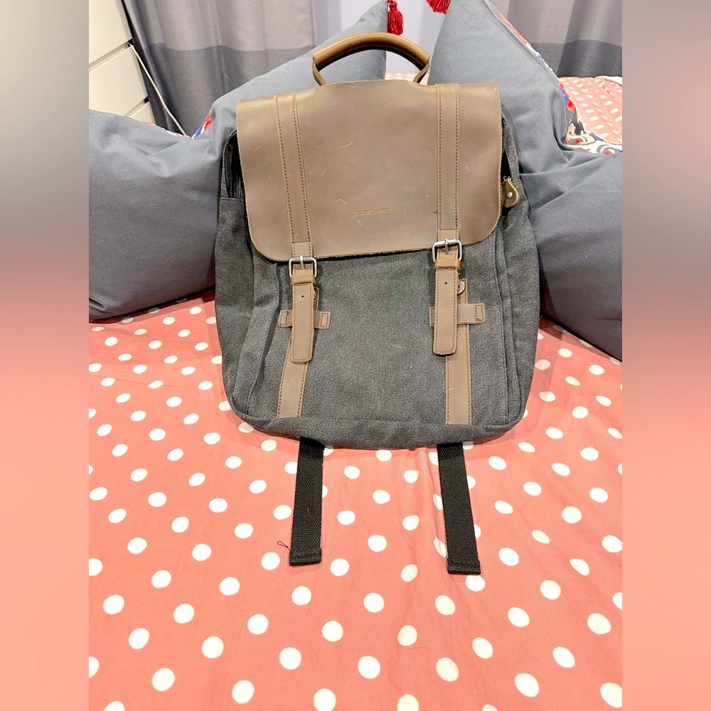 James Campbell backpack; gray canvas with brown leather accents; NWOT